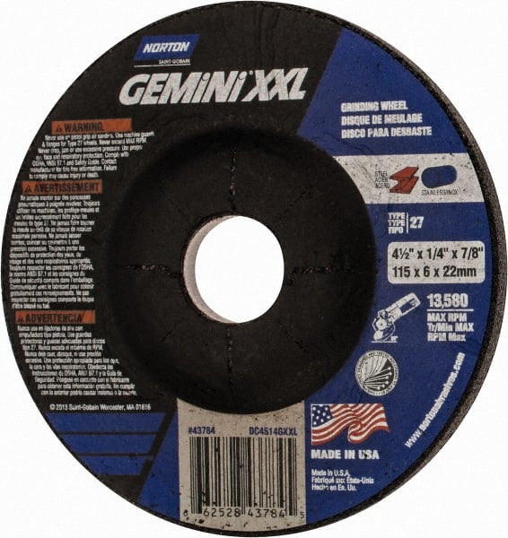 Norton - 24 Grit, 4-1/2" Wheel Diam, 1/4" Wheel Thickness, 7/8" Arbor Hole, Type 27 Depressed Center Wheel - Aluminum Oxide, 13,580 Max RPM - Exact Tooling