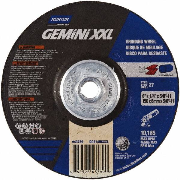 Norton - 24 Grit, 6" Wheel Diam, 1/4" Wheel Thickness, Type 27 Depressed Center Wheel - Aluminum Oxide, 13,580 Max RPM - Exact Tooling