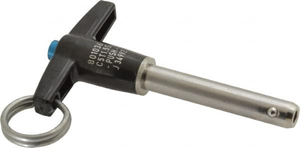 Jergens - 5/16" Diam, 1-1/2" Usable Length, T Handle, Push Button Quick Release Pin - 3-1/8" Overall Length, Grade 17-4 Stainless Steel, Passivated Finish - Exact Tooling