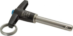 Jergens - 5/16" Diam, 1-1/2" Usable Length, T Handle, Push Button Quick Release Pin - 3-1/8" Overall Length, Grade 17-4 Stainless Steel, Passivated Finish - Exact Tooling