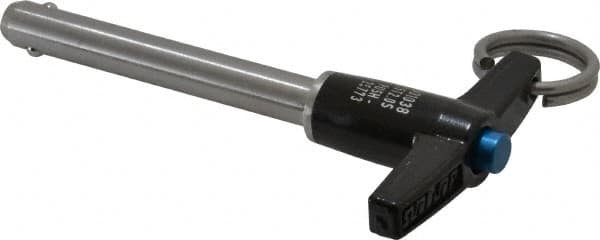 Jergens - 5/16" Diam, 2" Usable Length, T Handle, Push Button Quick Release Pin - 3-5/8" Overall Length, Grade 17-4 Stainless Steel, Passivated Finish - Exact Tooling