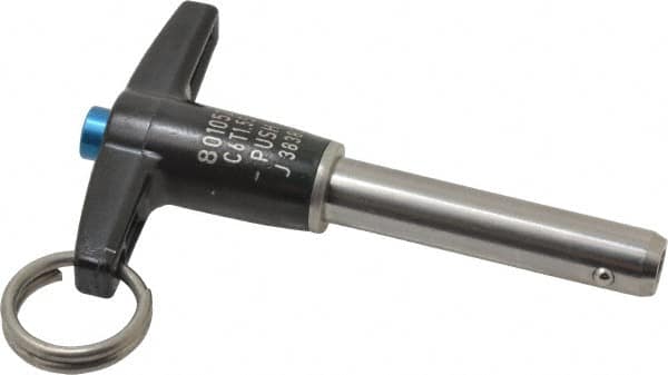 Jergens - 3/8" Diam, 1-1/2" Usable Length, T Handle, Push Button Quick Release Pin - 3-3/8" Overall Length, Grade 17-4 Stainless Steel, Passivated Finish - Exact Tooling