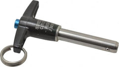 Jergens - 3/8" Diam, 1-1/2" Usable Length, T Handle, Push Button Quick Release Pin - 3-3/8" Overall Length, Grade 17-4 Stainless Steel, Passivated Finish - Exact Tooling