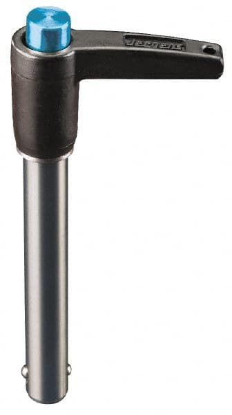 Jergens - 12mm Diam, 25mm Usable Length, L Handle, Push Button Quick Release Pin - 76.9mm Overall Length, Grade 17-4 Stainless Steel, Passivated Finish - Exact Tooling