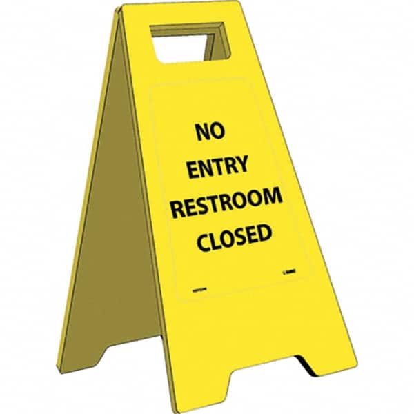 NMC - No Entry - Restroom Closed, 10-3/4" Wide x 24-5/8" High, Plastic Floor Sign - A-Frame, Black on Yellow, For Restroom, Janitorial & Housekeeping - Exact Tooling