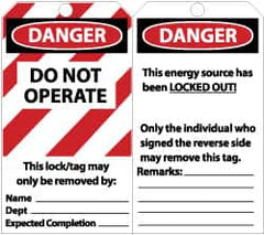 NMC - 3" High x 6" Long, DANGER - DO NOT OPERATE - THIS LOCK/TAG MAY ONLY BE REMOVED BY:, English Safety & Facility Lockout Tag - Tag Header: Danger, 2 Sides, Black, Red & White Unrippable Vinyl - Exact Tooling
