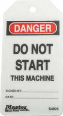 Master Lock - 3" High x 5-3/4" Long, DANGER - DO NOT START THIS MACHINE, English Safety & Facility Lockout Tag - Tag Header: Danger, 2 Sides, Black, Red & White Industrial-Grade Polypropylene - Exact Tooling