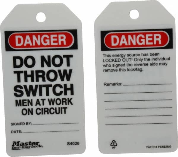 Master Lock - 3" High x 5-3/4" Long, DANGER - DO NOT THROW SWITCH - MEN AT WORK ON CIRCUIT, English Safety & Facility Lockout Tag - Tag Header: Danger, 2 Sides, Black, Red & White Industrial-Grade Polypropylene - Exact Tooling