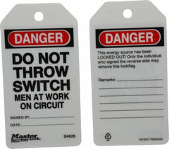 Master Lock - 3" High x 5-3/4" Long, DANGER - DO NOT THROW SWITCH - MEN AT WORK ON CIRCUIT, English Safety & Facility Lockout Tag - Tag Header: Danger, 2 Sides, Black, Red & White Industrial-Grade Polypropylene - Exact Tooling