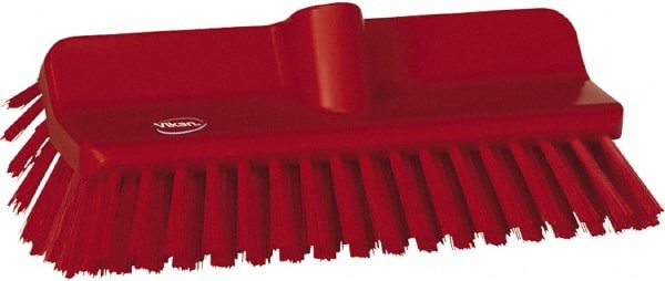 Vikan - 1-1/2" Bristle Length, Polyester Cleaning & Finishing Brush - 9-5/8" Long x 5" Wide Head, 10" OAL, European Threaded Handle, Red, Polypropylene Block - Exact Tooling