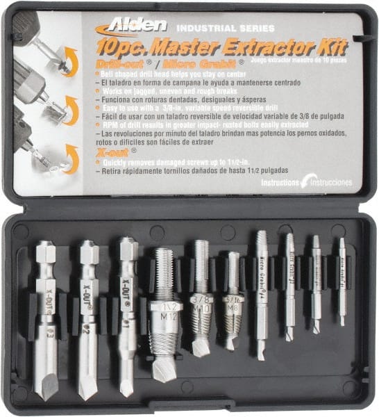 Alden - 10 Piece Screw Extractor/Drill Set - #4 to 1/2 Size Range - Exact Tooling