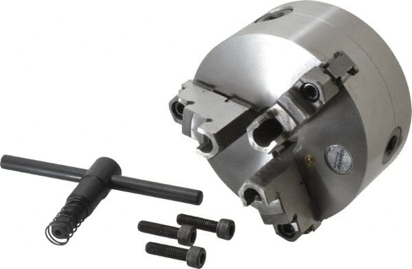 Gibraltar - 3 Jaws, 5" Diam, Self Centering Manual Lathe Chuck - Plain Back Mount Spindle, Reversible, 1.26" Through Hole Diam, 0.0014" Axial Runout, 0.0012" Radial Runout, Cast Iron - Exact Tooling