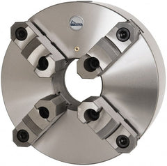 Gibraltar - 4 Jaws, 12" Diam, Self Centering Manual Lathe Chuck - Plain Back Mount Spindle, Reversible, 3-15/16" Through Hole Diam, 0.0024" Axial Runout, 0.0024" Radial Runout, Cast Iron - Exact Tooling