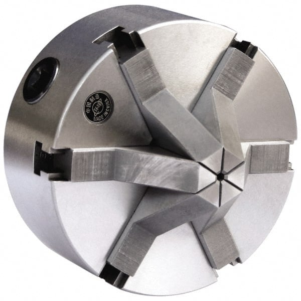 Gibraltar - 6 Jaws, 6" Diam, Self Centering Manual Lathe Chuck - Plain Back Mount Spindle, 1.6535" Through Hole Diam, Cast Iron - Exact Tooling