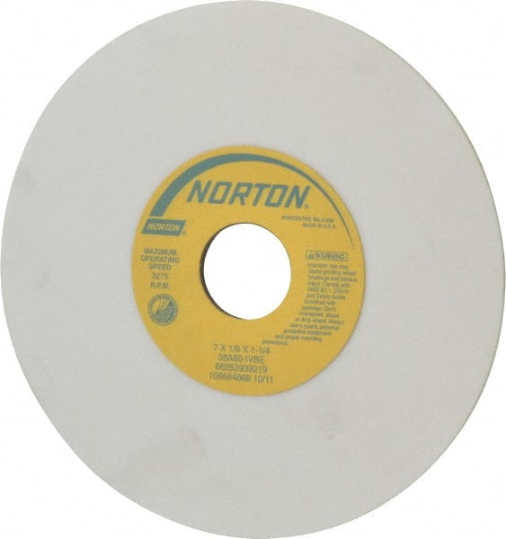 Norton - 7" Diam x 1-1/4" Hole x 1/8" Thick, I Hardness, 80 Grit Surface Grinding Wheel - Aluminum Oxide, Type 1, Medium Grade, 3,275 Max RPM, Vitrified Bond, No Recess - Exact Tooling