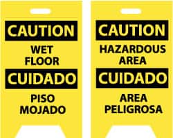 NMC - Caution - Wet Floor, Caution - Hazardous Area, 12" Wide x 20" High, Plastic Floor Sign - English/Spanish, A-Frame, Black on Yellow, For Restroom, Janitorial & Housekeeping - Exact Tooling