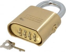 Master Lock - 2" Body Width, 7/8" Shackle Clearance, Solid Brass Combination Lock - 5/16" Shackle Diam, 1" Shackle Width, Control Key Sold Separately - Exact Tooling