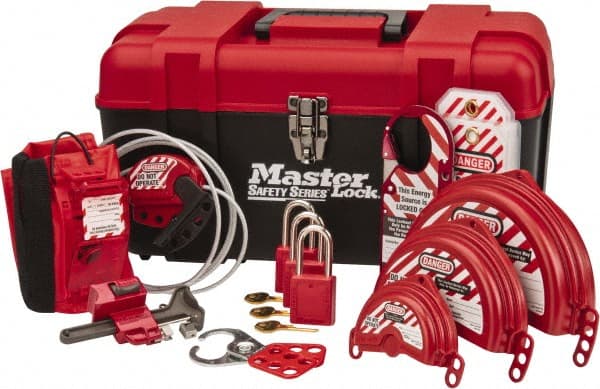 Master Lock - 12 Piece Valve Lockout Kit - 1-1/2 Inch Vertical Shackle Clearance, 1/4 Inch Shackle Diameter, Keyed Alike Comes in Tool Box - Exact Tooling