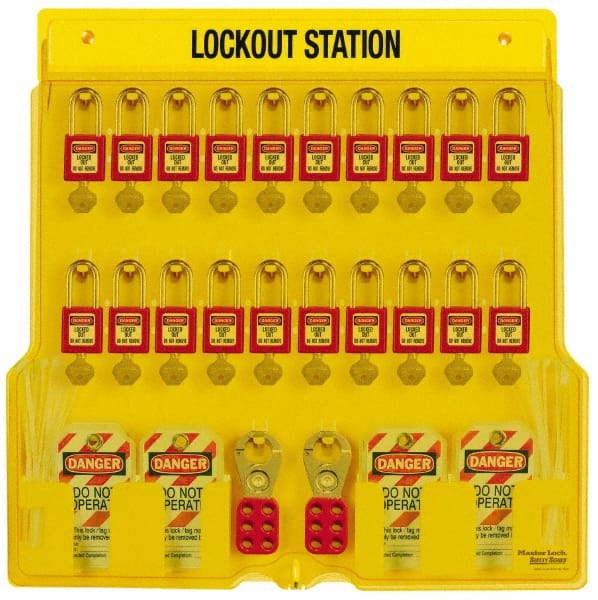 Master Lock - 28 Piece, Equipped Polycarbonate Padlock Station - 22 Inch Wide x 22 Inch High x 1-3/4 Inch Deep, Black on Yellow, Covered - Exact Tooling