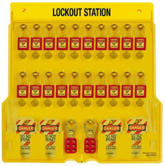 Master Lock - 28 Piece, Equipped Polycarbonate Padlock Station - 22 Inch Wide x 22 Inch High x 1-3/4 Inch Deep, Black on Yellow, Covered - Exact Tooling