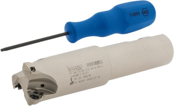 Iscar - 1-1/4" Cut Diam, 0.06" Max Depth, 1" Shank Diam, Weldon Shank Indexable High-Feed End Mill - Screw Holding Method, FF WOMT/WOCT, FF WOMW Insert, FF EW Toolholder, Through Coolant - Exact Tooling
