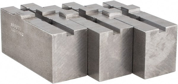Abbott Workholding Products - Tongue & Groove Attachment, Square Soft Lathe Chuck Jaw - 3 Jaws, Steel, 1-3/4" Btw Mount Hole Ctrs, 4" Long x 1-1/2" Wide x 2" High, 5/16" Groove, 3/8" Fastener - Exact Tooling