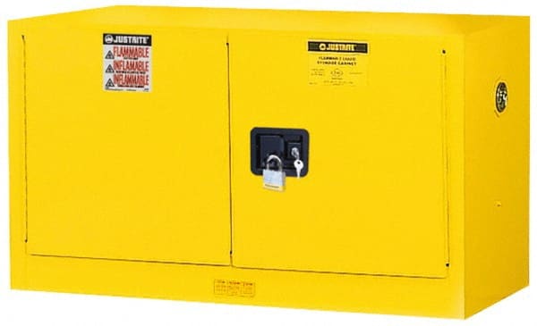 Justrite - 2 Door, 1 Shelf, Yellow Steel Stackable Safety Cabinet for Flammable and Combustible Liquids - 24" High x 43" Wide x 18" Deep, Self Closing Door, 17 Gal Capacity - Exact Tooling