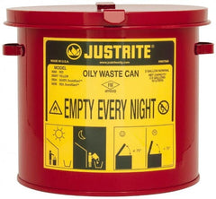 Justrite - 2 Gallon Capacity, Galvanized Steel Oily Waste Can - 9-5/8 Inch Wide/Diameter x 9-1/8 Inch High, Red, Hand Operated, Approved FM - Exact Tooling