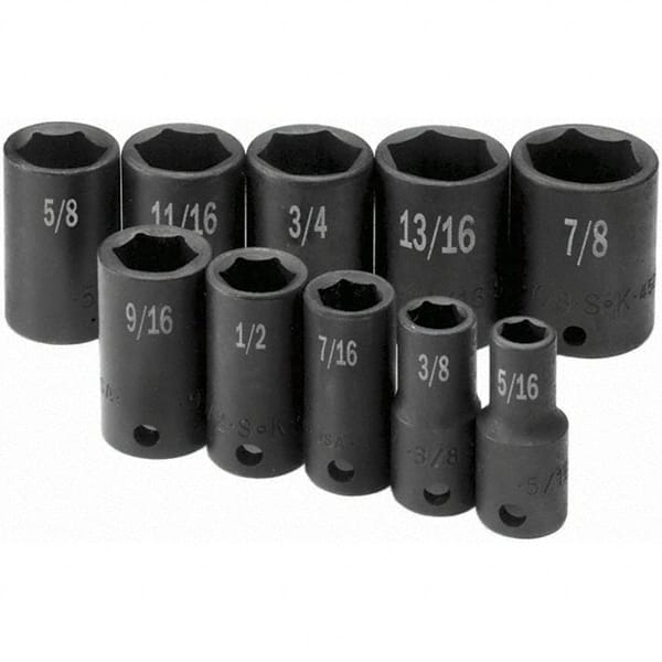 SK - 3/8" Drive Semi-Deep Impact Socket Set - 5/16 to 7/8", Inch Measurement Standard - Exact Tooling