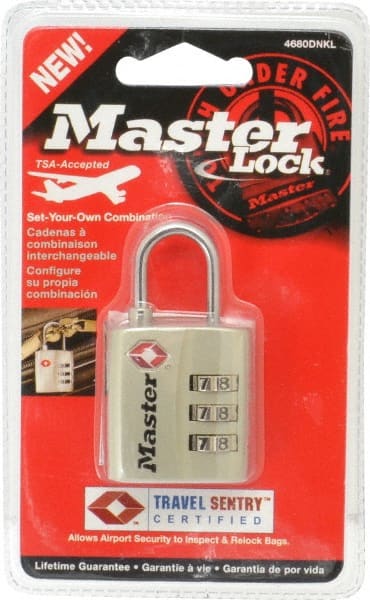 Master Lock - 3/4" Shackle Clearance, Keyed Different Luggage Lock Padlock - 1/8" Shackle Diam, Metal - Exact Tooling