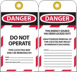 NMC - 3" High x 6" Long, DANGER - DO NOT OPERATE - THIS LOCK/TAG MAY ONLY BE REMOVED BY:, English Safety & Facility Lockout Tag - Tag Header: Danger, 2 Sides, Black, Red & White Unrippable Vinyl - Exact Tooling