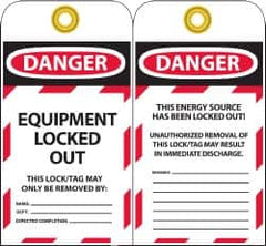 NMC - 3" High x 6" Long, DANGER - EQUIPMENT LOCKED OUT - THIS LOCK/TAG MAY ONLY BE REMOVED BY:, English Safety & Facility Lockout Tag - Tag Header: Danger, 2 Sides, Black, Red & White Unrippable Vinyl - Exact Tooling