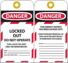 NMC - 3" High x 6" Long, DANGER - LOCKED OUT - DO NOT OPERATE - THIS LOCK/TAG MAY ONLY BE REMOVED BY:, English Safety & Facility Lockout Tag - Tag Header: Danger, 2 Sides, Black, Red & White Unrippable Vinyl - Exact Tooling