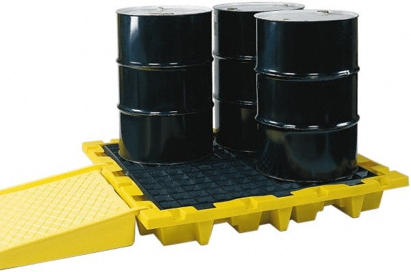 Eagle - 66 Gal Sump, 6,000 Lb Capacity, 4 Drum, Polyethylene Spill Deck or Pallet - 58-1/2" Long x 58-1/2" Wide x 13.43" High, Yellow, Liftable Fork, Drain Included, Low Profile, Vertical, 2 x 2 Drum Configuration - Exact Tooling
