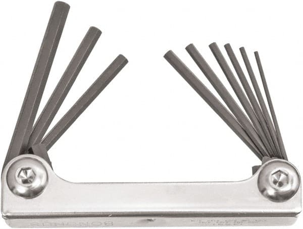 Bondhus - 9 Piece Fold-Up Ball End Hex Key Set - Hex Range 0.05 to 3/16", 4" OAL, Protanium High Torque Steel - Exact Tooling