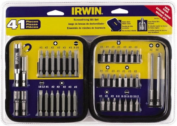 Irwin - 41 Piece, 1/4" Drive Screwdriver Bit Set - #1 to #3 Phillips, 0.05 to 1/4" Hex, 1.27 to 10mm Hex, #1 to #3 Square Recess - Exact Tooling
