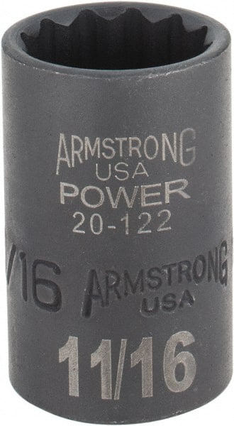 Armstrong - 11/16", 1/2" Drive, Standard Hand Socket - 12 Points, 1-29/64" OAL, Black Finish - Exact Tooling