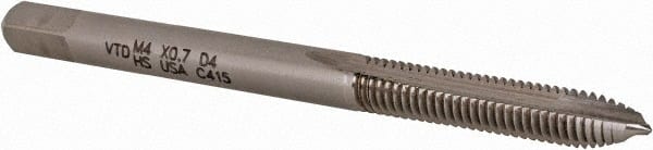 Vermont Tap & Die - M4x0.70 Metric, 2 Flute, Bright Finish, High Speed Steel Spiral Point Tap - Plug Chamfer, Right Hand Thread, 2-1/8" OAL, 3/4" Thread Length, 4.27mm Shank Diam, 6H Class of Fit, Series 3112M - Exact Tooling