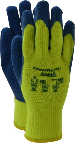 Ansell - Size M (8) Rubber Coated Thermal Terry Cold Protection Work Gloves - For General Purpose, Palm & Fingers Coated, Knit Wrist Cuff, Full Fingered, Yellow/Blue, Paired - Exact Tooling