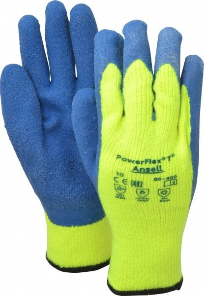 Ansell - Size XL (10) Rubber Coated Thermal Terry Cold Protection Work Gloves - For General Purpose, Palm & Fingers Coated, Knit Wrist Cuff, Full Fingered, Yellow/Blue, Paired - Exact Tooling