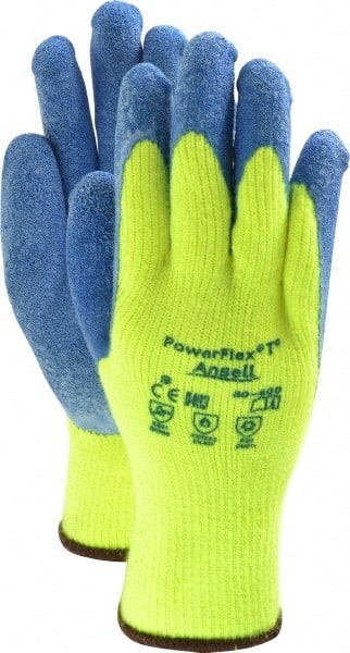 Ansell - Size L (9) Rubber Coated Thermal Terry Cold Protection Work Gloves - For General Purpose, Palm & Fingers Coated, Knit Wrist Cuff, Full Fingered, Yellow/Blue, Paired - Exact Tooling