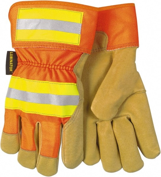 MCR Safety - Size L Pigskin General Protection Work Gloves - For General Purpose, Uncoated, Safety Cuff, Tan/Hi-Vis Orange, Paired - Exact Tooling