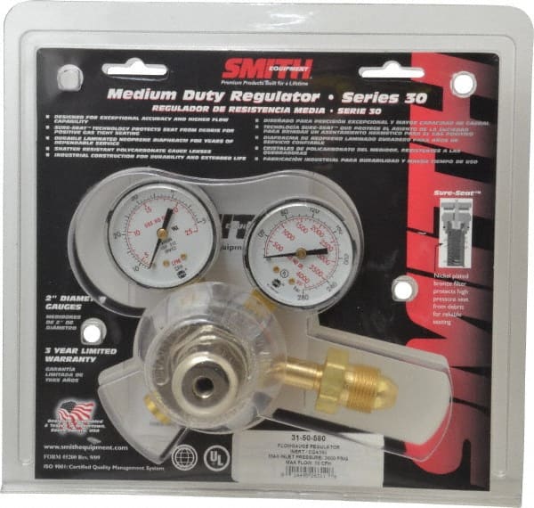 Miller-Smith - 580 CGA Inlet Connection, Female Fitting, Argon Welding Regulator - 5/8-18 RH Internal Thread, Right Hand Rotation - Exact Tooling