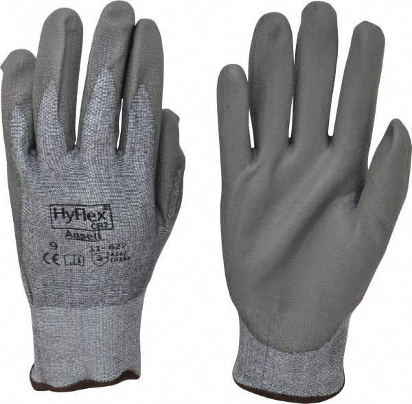 Ansell - Size L (9), ANSI Cut Lvl 2, Abrasion Lvl 6, Polyurethane Coated Cut Resistant Gloves - 10.5" Long, Palm & Fingers Coated, Dyneema/Lycra Lining, Knit Wrist, Gray/Gray, Paired - Exact Tooling