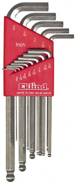 Eklind - 13 Piece L-Key Ball End Hex Key Set - Hex Range 0.05 to 3/8", Alloy Steel - Exact Tooling