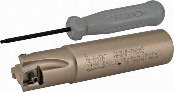 Iscar - 3/4" Cut Diam, 0.315" Max Depth of Cut, 3/4" Shank Diam, 3.38" OAL, Indexable Square Shoulder Helical End Mill - T490 LN.T 0804 Inserts, Weldon Shank, 90° Lead Angle, Series Helitang - Exact Tooling