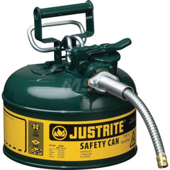 Justrite - Safety Dispensing Cans; Capacity: 1 Gal. ; Material: Steel ; Color: Green ; Height (Decimal Inch): 10.500000 ; Diameter/Length (mm): 9.50 ; Approval Listing/Regulations: FM Approved; UL; ULC; TUV - Exact Tooling