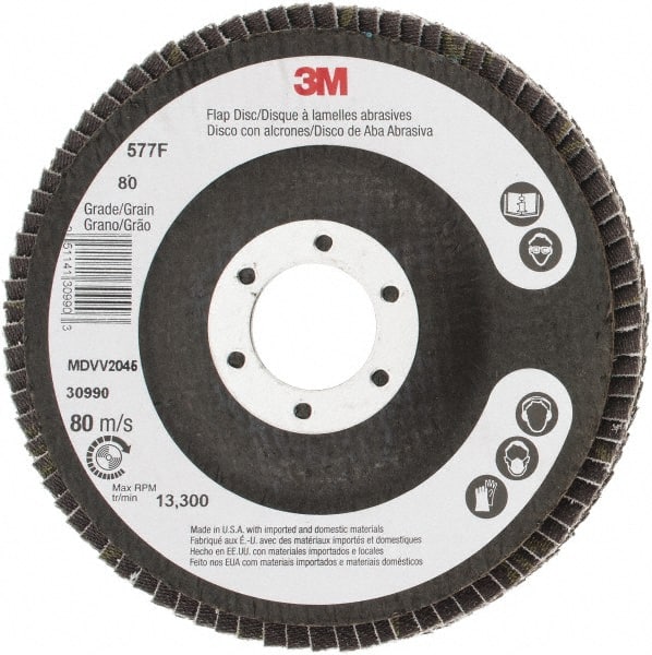 3M - 80 Grit, 4-1/2" Disc Diam, 7/8" Center Hole, Type 29 Zirconia Alumina Flap Disc - 13,300 Max RPM, Cloth Backing, Arbor Attaching System, Coated - Exact Tooling