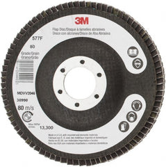 3M - 80 Grit, 4-1/2" Disc Diam, 7/8" Center Hole, Type 29 Zirconia Alumina Flap Disc - 13,300 Max RPM, Cloth Backing, Arbor Attaching System, Coated - Exact Tooling