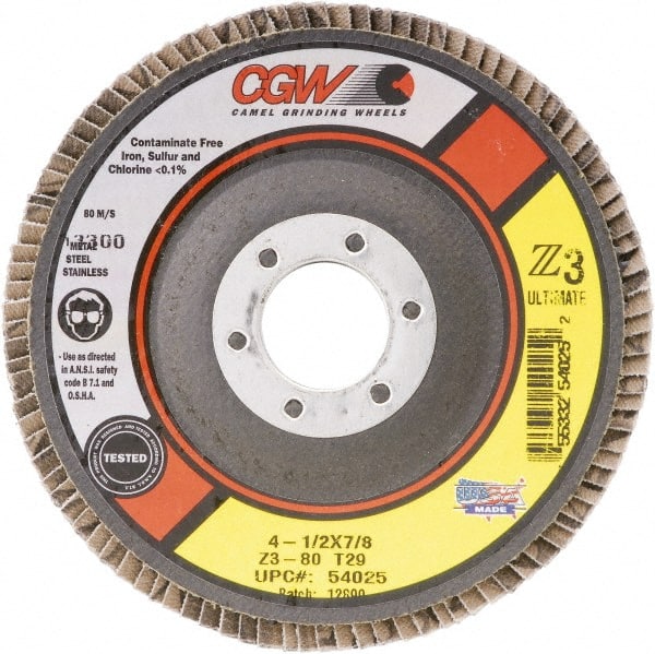Camel Grinding Wheels - 80 Grit, 4-1/2" Disc Diam, 7/8" Center Hole, Type 27 Zirconia Alumina Flap Disc - 13,300 Max RPM, Poly Cotton Backing, Arbor Attaching System, Coated - Exact Tooling